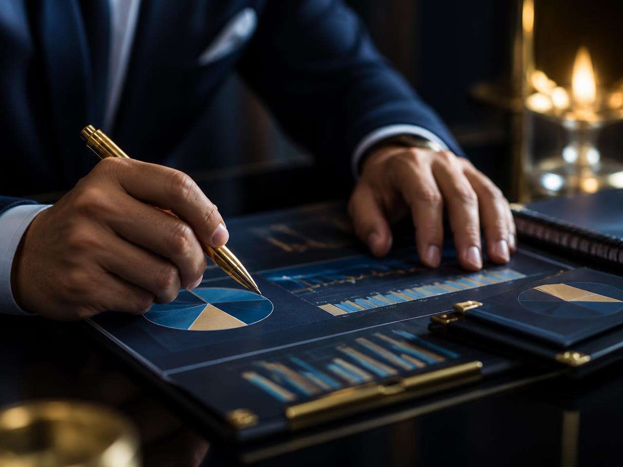 Consultor analisando relatórios financeiros com caneta dourada