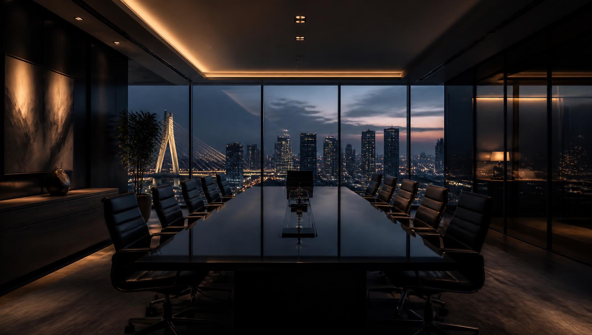 Sala de reuniões executiva com vista para a cidade ao entardecer